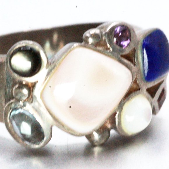 Sterling Silver MOP Lapis Peridot Amethyst Garnet Ring - Picture 2 of 5